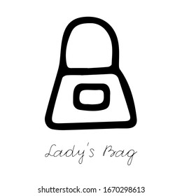 A beautiful hand-drawn fashion vector illustration of a lady's bag for girls isolated on a white background for coloring book with lettering