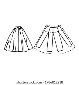Beautiful hand-drawn fashion vector illustration of a lady's skirt for girls and women and a pattern isolated on a white background for sewing and needlework
