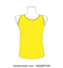 Beautiful hand-drawn fashion vector illustration of yellow sleeveless T-shirt for men and women on a dummy isolated on a white background