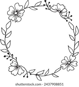 A beautiful hand-drawn floral wreath on paper. Intricate design with leaves and decorative elements. Vector illustration