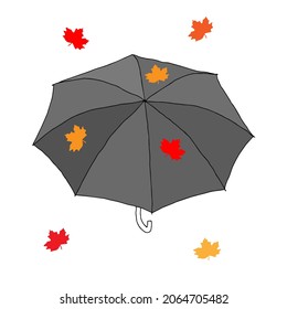 A Beautiful hand-drawn gray fashion vector illustration of an umbrella with orange maple leaves isolated on a white background