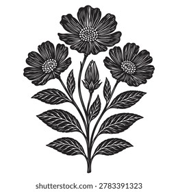 A beautiful hand-drawn illustration featuring three blooming flowers and lush leaves, rendered in a striking black and white ink sketch style. This floral artwork captures the charm of traditional woodcut prints, offering a timeless and elegant aesthetic suitable for a wide range of creative applications, including stationery, patterns, textile design, book illustrations, and artistic branding projects. The detailed linework provides a classic, artistic look that brings a touch of nature to any graphic design.