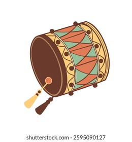 A beautiful hand-drawn illustration of a traditional drum  with colorful patterns and paired with drumsticks, showcasing the rich cultural heritage and rhythmic essence of percussion instruments.