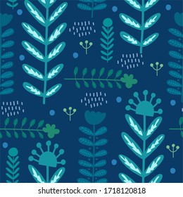 Beautiful hand-drawn leaves and herbs on a dark blue background, seamless pattern, perfect for decor, pattern for fabric or wrapping paper