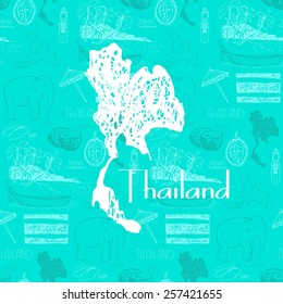 Beautiful, hand-drawn map of Thailand. Vector illustration of the territory of Thailand on a turquoise background. 