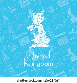 Beautiful  hand  drawn map UK  Vector illustration the territory UK blue background  Illustration for wallpaper  screen saver  textiles poster 