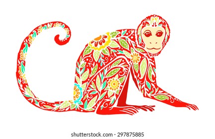 Beautiful hand-drawn with a monkey doodle. template with ornament and decorative monkey. Symbol of 2016. The red tones. Fire.