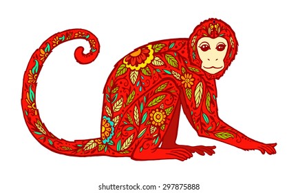 Beautiful hand-drawn with a monkey doodle. template with ornament and decorative monkey. Symbol of 2016. The red tones. Fire.