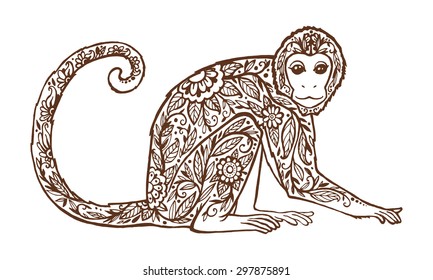 Beautiful hand-drawn with a monkey doodle. template with ornament and decorative monkey. Symbol of 2016. Monkey with curly tail.