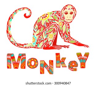 Beautiful hand-drawn with a monkey doodle. template with ornament and decorative monkey. Symbol of 2016. The red tones. Fire.
