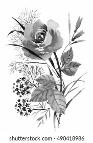 Beautiful hand-drawn monochrome flowers and herbs vector illustration.