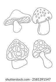 Beautiful hand-drawn mushroom illustration in black and white, ideal for coloring books. Detailed line art, perfect for kids and adults who love nature and creativity