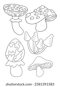 Beautiful hand-drawn mushroom illustration in black and white, ideal for coloring books. Detailed line art, perfect for kids and adults who love nature and creativity