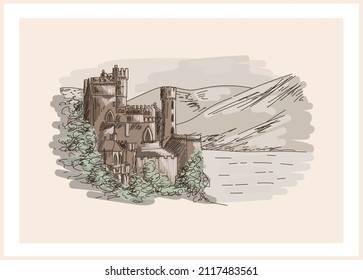 Beautiful hand-drawn old castle on the shore of a reservoir, lake or river. Sketch vector illustration in mutted tones, beige and green. Vintage style postcard.