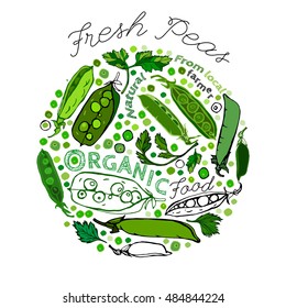 Beautiful handdrawn pattern in bright green colours. Vector illustration with peapods and peas in unique artistic style on a textured background. Natural and organic food creative concept.