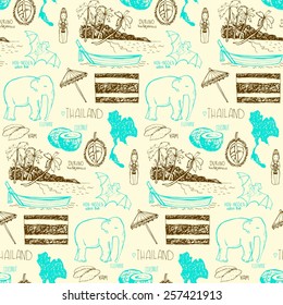 Beautiful hand-drawn pattern of Thailand. Vector illustration with symbols of Thailand in turquoise and brown. Boat, beach, elephant, flag, coconut, bat, elephant, umbrella, figurine. 