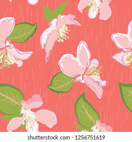Beautiful hand-drawn pink cherry blossoms and leaves on a textured coral background. Pretty seamless vector pattern, perfect for textiles, invitations, wedding decorations, fashion and graphic design.