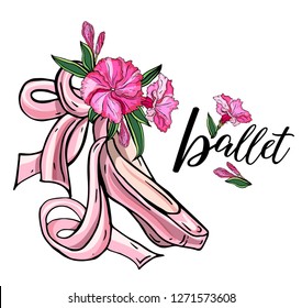 beautiful hand-drawn pink pointed shoes with long ribbons