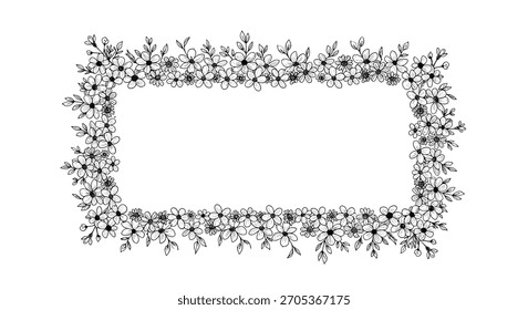 Hermoso marco rectangular dibujado a mano hecho de una densa disposición de delicadas flores y hojas en blanco y negro.