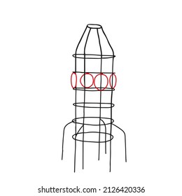 Beautiful hand-drawn red and black vector illustration of a metal swedish wall rocket for children isolated on a white background