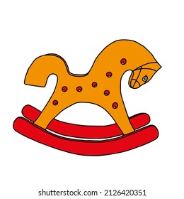 Beautiful hand-drawn red and orange vector illustration of a wooden horse swing isolated on a white background