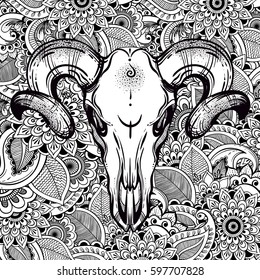 Beautiful hand-drawn romantic tattoo style Bull Skull. Zentangle high-detailed floral background. Ethnic design, mystic tribal boho symbol.