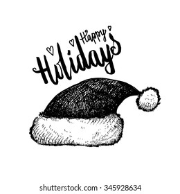 Beautiful hand-drawn of Santa Claus hat. Beautiful background for decoration New Year's gift, greeting card, paper. Happy holidays. Hand-drawn lettering.