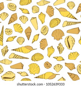 Beautiful hand-drawn seamless pattern with seashells doodle.