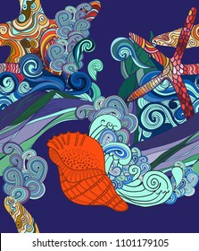 Beautiful hand-drawn seamless pattern with seashells doodle. Nice aquatic ornament.