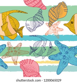 Beautiful hand-drawn seamless pattern with seashells doodle. Nice aquatic ornament.