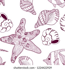 Beautiful hand-drawn seamless pattern with seashells doodle. Nice aquatic ornament.