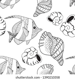 Beautiful hand-drawn seamless pattern with seashells doodle. Nice aquatic ornament.