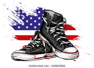 Beautiful hand-drawn sneakers on the background of the flag of USA. Vector illustration for a card or poster, print on clothes. Hand-drawn. America.
