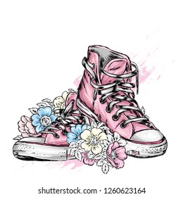 Beautiful hand-drawn sneakers and roses. Vector illustration for a card or poster, print on clothes. Hand-drawn.