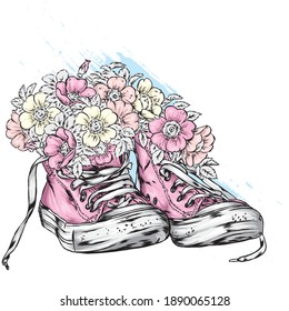Beautiful hand-drawn sneakers and roses. Vector illustration for a card or poster, print on clothes. Hand-drawn.