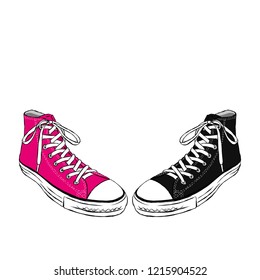 Beautiful hand-drawn sneakers. Vector illustration for a card or poster, print on clothes. Hand-drawn.