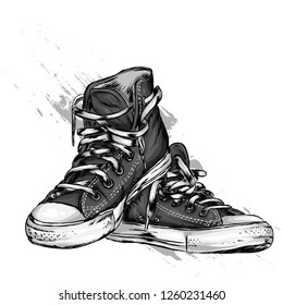 Beautiful hand-drawn sneakers. Vector illustration for a card or poster, print on clothes. Hand-drawn.