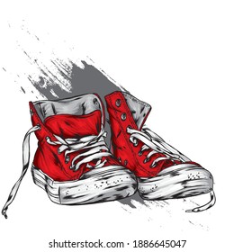 Beautiful hand-drawn sneakers. Vector illustration for a card or poster, print on clothes. Hand-drawn.