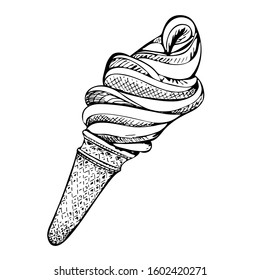 beautiful hand-drawn soft ice cream in a waffle Cup. summer refreshing sweet dessert black and white vector illustration.