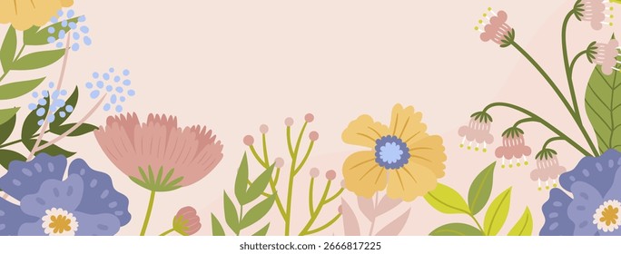 Beautiful hand-drawn spring background adorned with blooming flowers
