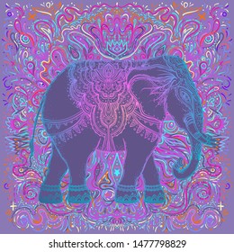 Beautiful hand-drawn tribal style elephant. Colorful paisley design, boho mandala patterns, ornaments. Ethnic background, spiritual art, yoga. Indian god Ganesha, Thai symbol. T-shirt print, poster.