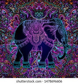 Beautiful hand-drawn tribal style elephant. Colorful paisley design, boho mandala patterns, ornaments. Ethnic background, spiritual art, yoga. Indian god Ganesha, Thai symbol. T-shirt print, poster.