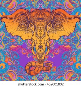 Beautiful hand-drawn tribal style elephant. Colorful paisley design, boho mandala patterns, ornaments. Ethnic background, spiritual art, yoga. Indian god Ganesha, Thai symbol. T-shirt print, posters