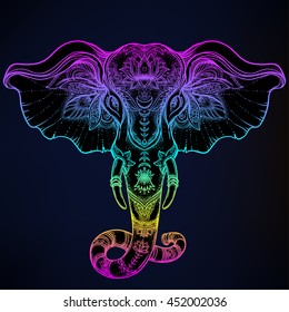 Beautiful hand-drawn tribal style elephant. Tattoo design, boho mandala patterns. Ethnic background, spiritual, yoga. Indian god Ganesha, Thai symbol. T-shirt, posters. Vibrant psychedelic gradient