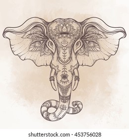 Beautiful hand-drawn tribal style elephant. Tattoo dotwork design with boho patterns over vintage background. Ethnic background, spiritual art, yoga. Indian god Ganesha, Thai symbol. T-shirt, posters.