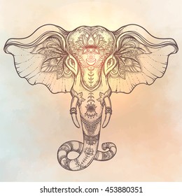 Beautiful hand-drawn tribal style elephant. Tattoo dotwork design with boho patterns over vintage background. Ethnic background, spiritual art, yoga. Indian god Ganesha, Thai symbol. T-shirt, posters.