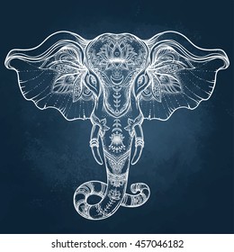 Beautiful hand-drawn tribal style elephant. Calk over blackboard design with boho mandala patterns. Ethnic background, spiritual art, yoga. Indian god Ganesha, Thai symbol. T-shirt print, posters.