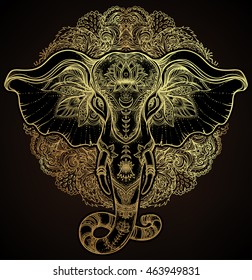 Beautiful hand-drawn tribal style elephant. Golden design with boho mandala patterns, ornaments. Ethnic background, spiritual art, yoga. Indian god Ganesha, Indian symbol. T-shirt print, posters. 