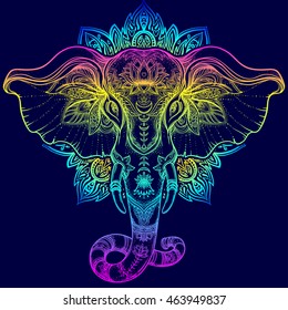 Beautiful hand-drawn tribal style elephant over mandala. Colorful design with boho pattern, psychedelic ornaments. Ethnic poster, spiritual art, yoga. Indian god Ganesha, Indian symbol. T-shirt print.