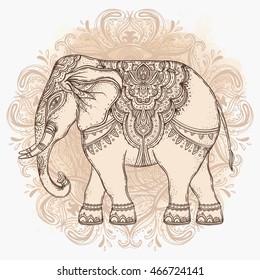 Beautiful hand-drawn tribal style elephant. Tattoo dotwork design with boho patterns over vintage background. Ethnic background, spiritual art, yoga. Indian god Ganesha, Thai symbol. T-shirt, posters.